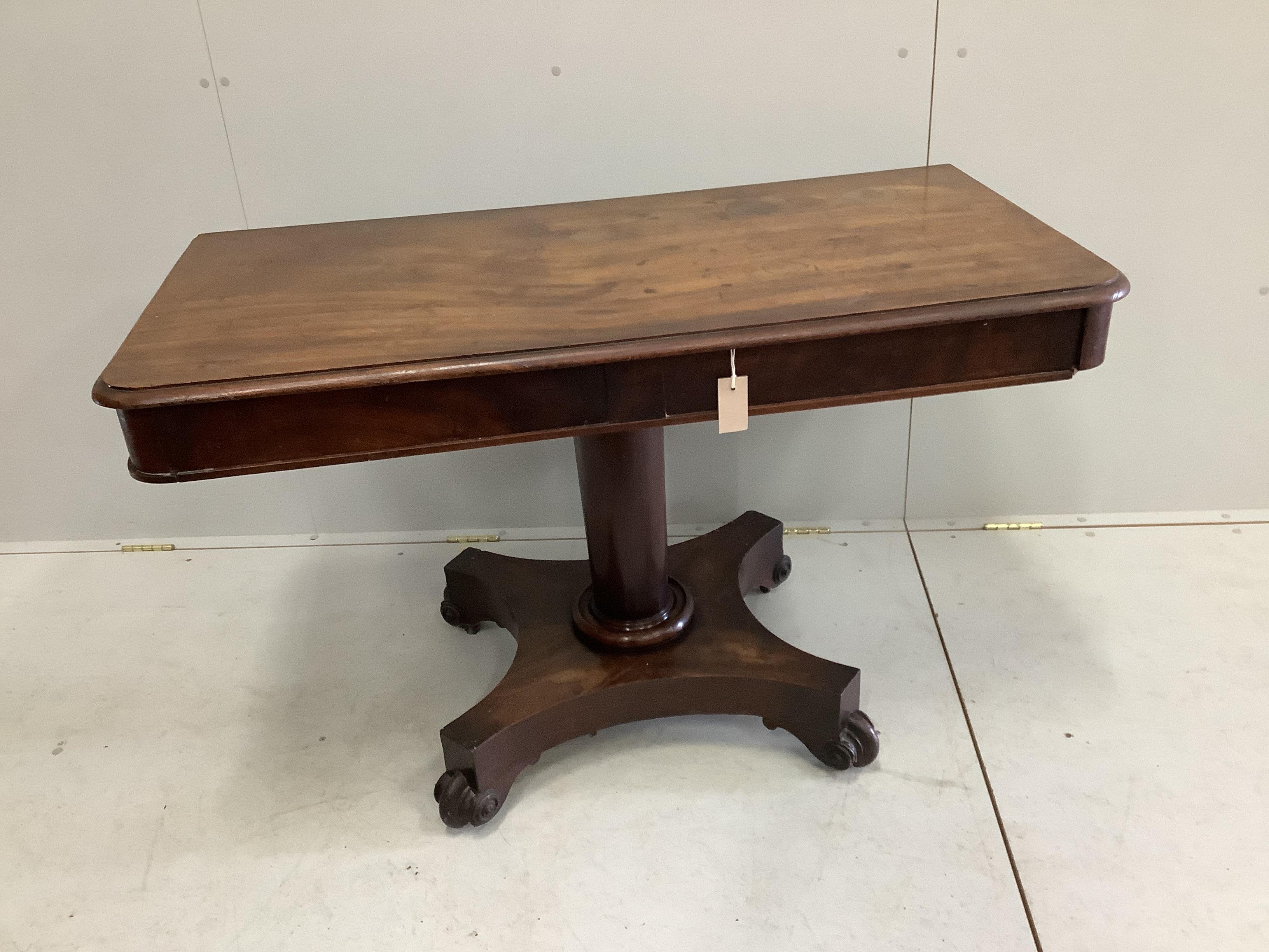 A Victorian rectangular mahogany single drawer pedestal side table, width 122cm, depth 60cm, height 73cm